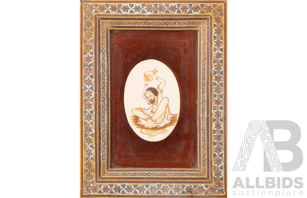 Artists Unknown (20th Century, Persian School), Musician, Musician Evoking Spirit & Man Lifting Bowl, Trio of Interesting Original Vintage Miniatures of Coloured Ink on Panels in Khatam Frames, 34 x 24 cm (frames largest) (3)