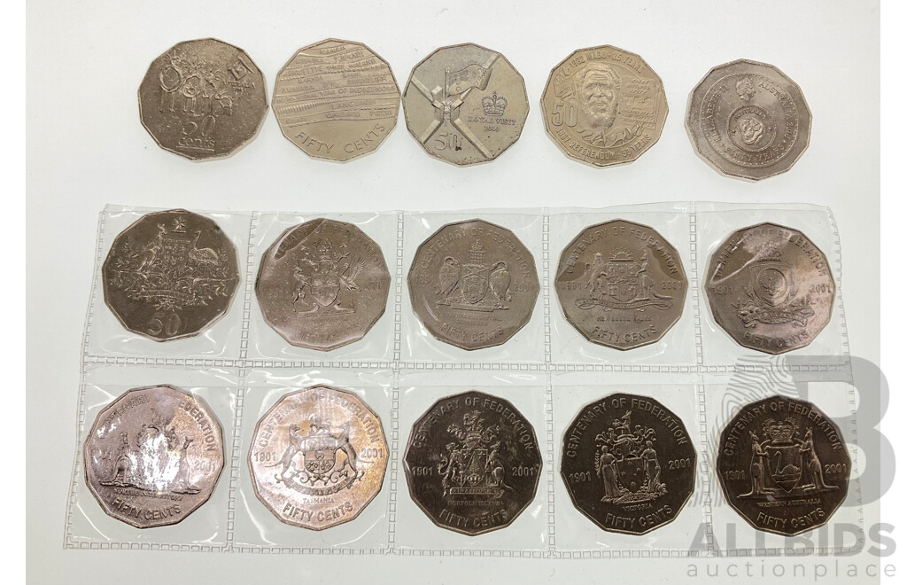 Australian 2001 Federation Fifty Cent Coin Set with 2016 Fifty Years Decimal Currency, 2017 Mabo, 2000 Royal Visit, 2019 Year of Indigenous Language, 1994 Year of the Family