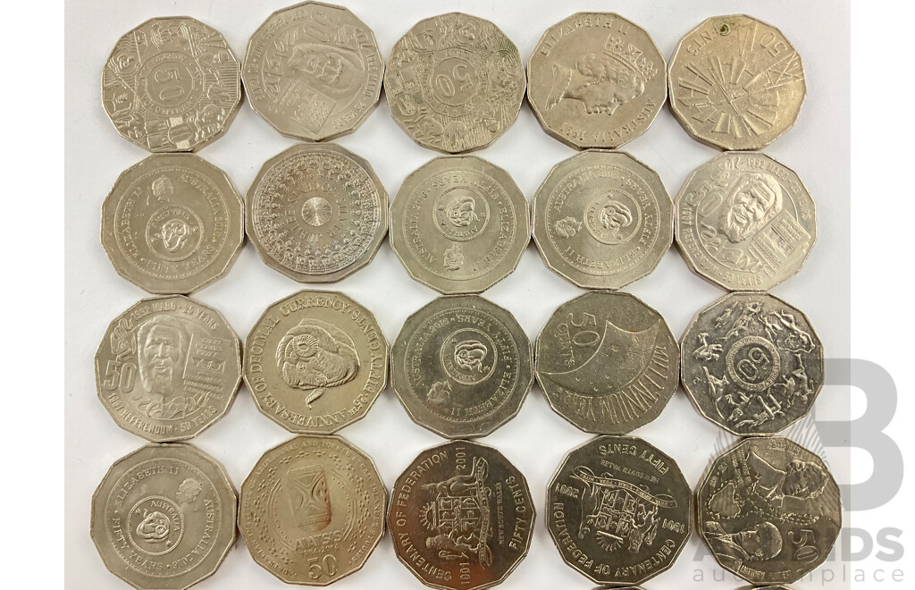 Thirty Australian Commemorative Fifty Cent Coins Including 2001 Federation, 2016 Fifty Years Decimal Currency, 1977 Jubilee, 2003 Volunteers, 2000 Millennium and More
