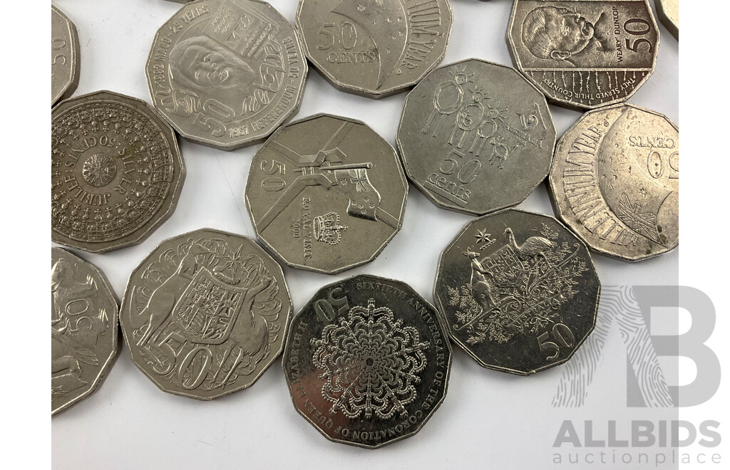 Collection of Fifty Cent Coins Including Australian Commemorative 2013 Coronation, 2000 Millennium, 1995 Dunlop, 2017 Mabo, 1994 Year of the Family, Fiji, UK Fifty Pence