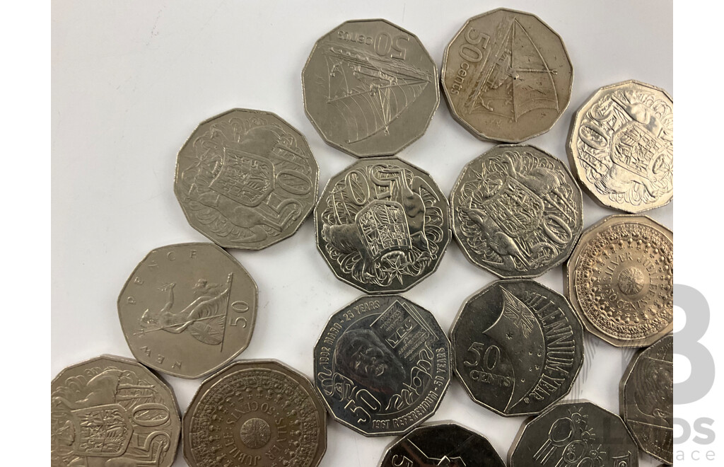 Collection of Fifty Cent Coins Including Australian Commemorative 2013 Coronation, 2000 Millennium, 1995 Dunlop, 2017 Mabo, 1994 Year of the Family, Fiji, UK Fifty Pence