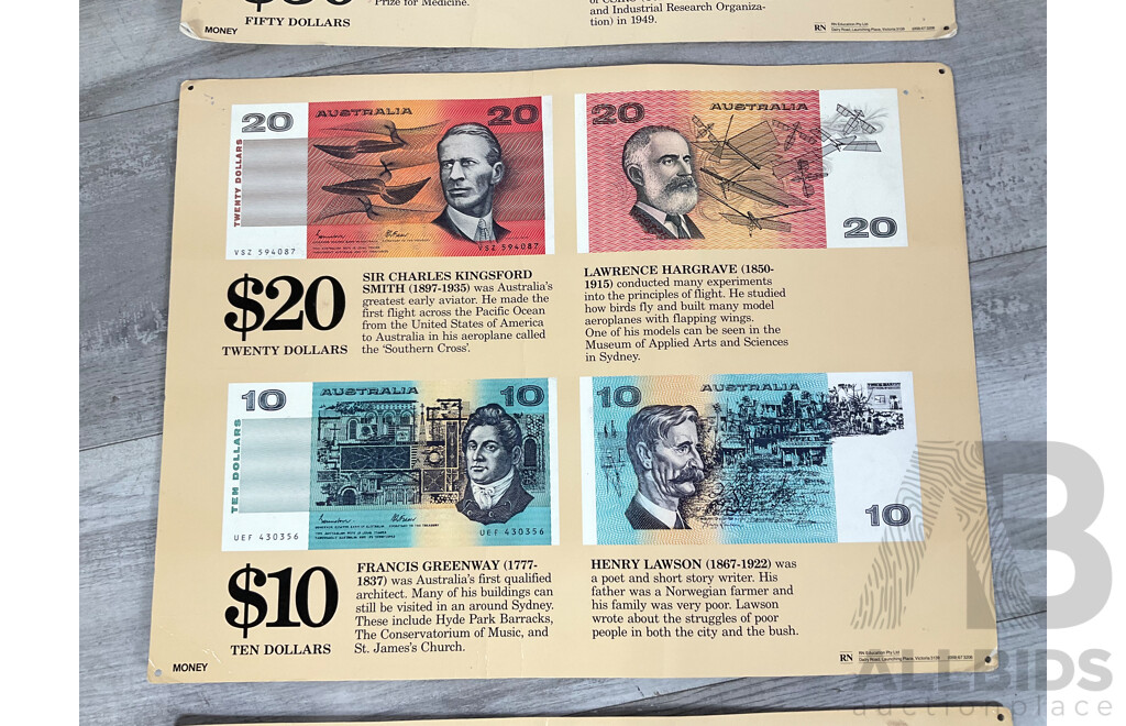 Three RN Industries Australian Paper Banknote Information Posters, Ex North Ainslie Primary School