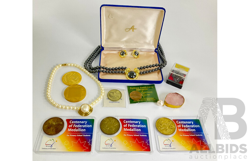 Australian Medallions Including Centenary of Federation, Sydney Swimmers Memento, ANZAC Day 2014 with Faux Pearl Necklace, Rose Quartz Pendant, Necklace with Matching Earrings and Silver Lead Zinc Ore Sample