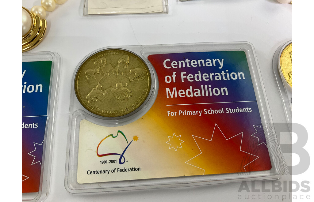 Australian Medallions Including Centenary of Federation, Sydney Swimmers Memento, ANZAC Day 2014 with Faux Pearl Necklace, Rose Quartz Pendant, Necklace with Matching Earrings and Silver Lead Zinc Ore Sample