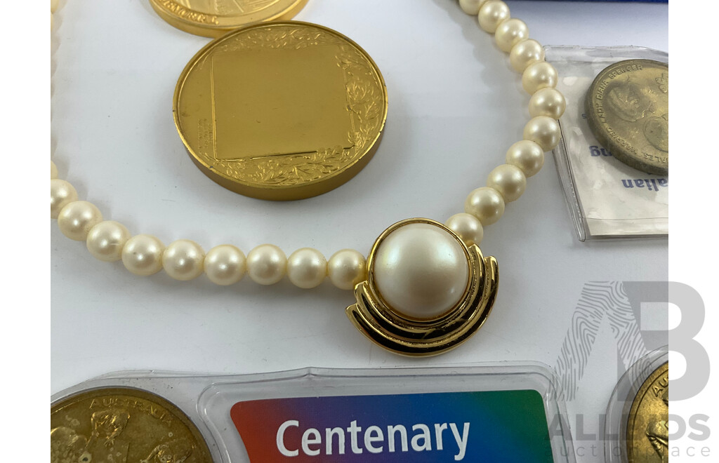 Australian Medallions Including Centenary of Federation, Sydney Swimmers Memento, ANZAC Day 2014 with Faux Pearl Necklace, Rose Quartz Pendant, Necklace with Matching Earrings and Silver Lead Zinc Ore Sample
