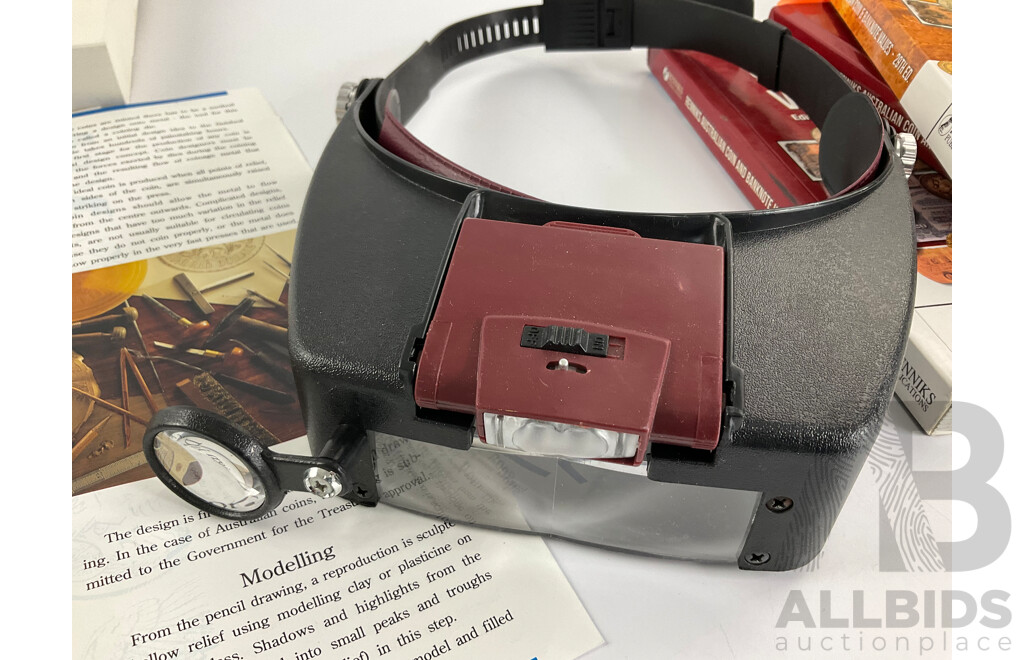 Renniks Australian Coin and Bank Note Values Catalogues, 28th(2) 29th Editions, Magnifier and Light Head Piece and Royal Australian Mint Coin Collector Starter Kit(Coins Lacking)