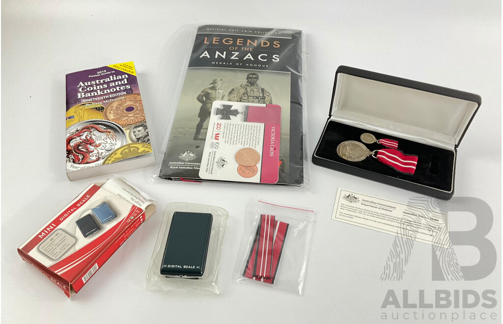 Australian 2017 Legends of the ANZACS Folder with Victoria Cross Medallion, Australian Defence Force Service Medals, 2012 Australian Coins and Banknotes Pocket Guide and Mini Digital Scales