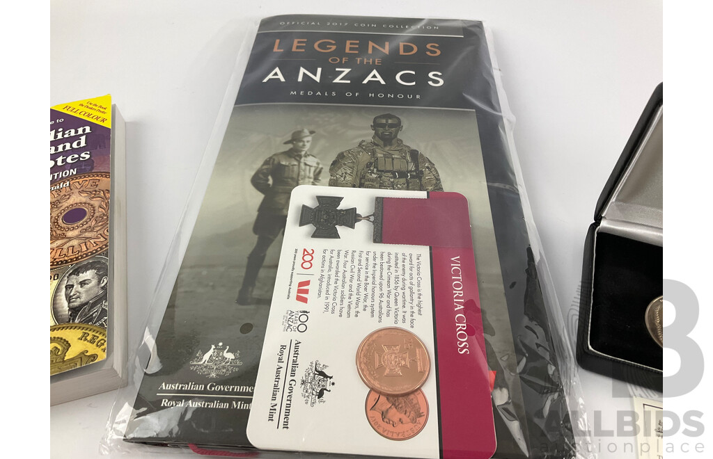 Australian 2017 Legends of the ANZACS Folder with Victoria Cross Medallion, Australian Defence Force Service Medals, 2012 Australian Coins and Banknotes Pocket Guide and Mini Digital Scales