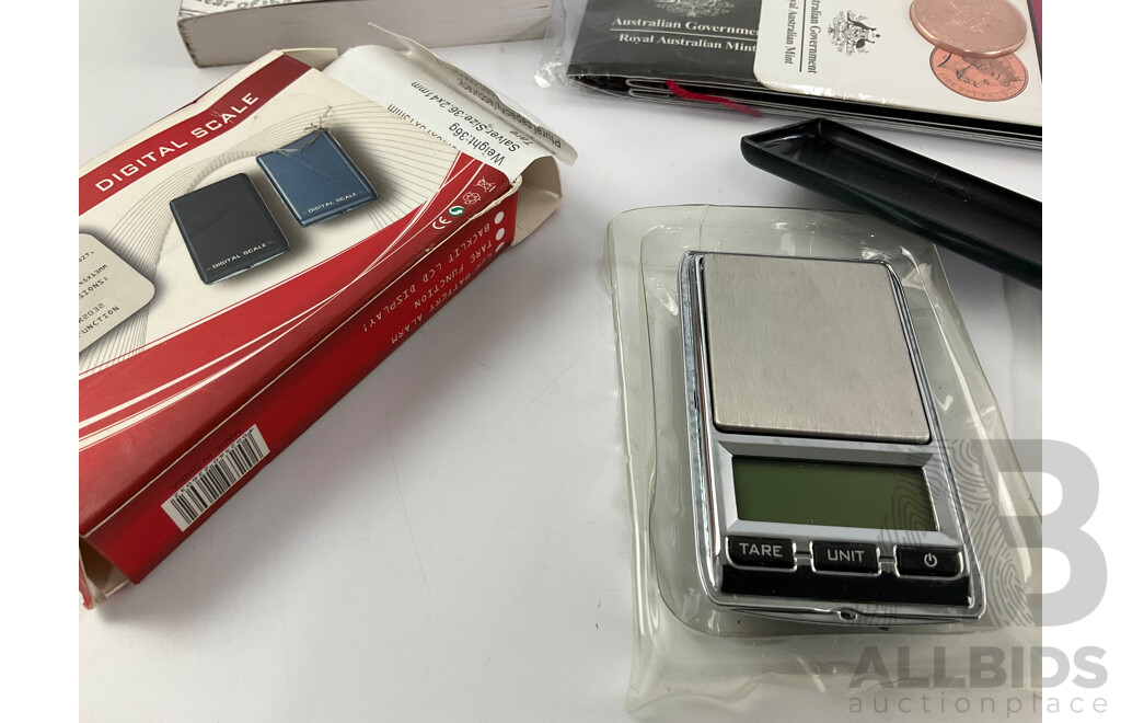 Australian 2017 Legends of the ANZACS Folder with Victoria Cross Medallion, Australian Defence Force Service Medals, 2012 Australian Coins and Banknotes Pocket Guide and Mini Digital Scales