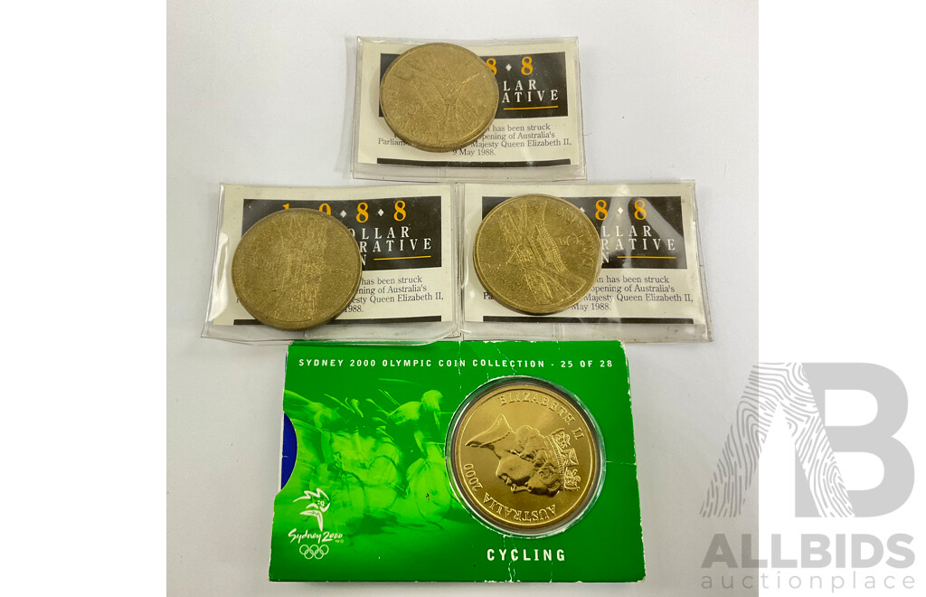 Four Australian Commemorative Five Dollar Coins Including 1988 Parliament House(3) and 2000 Sydney Olympics Cycling
