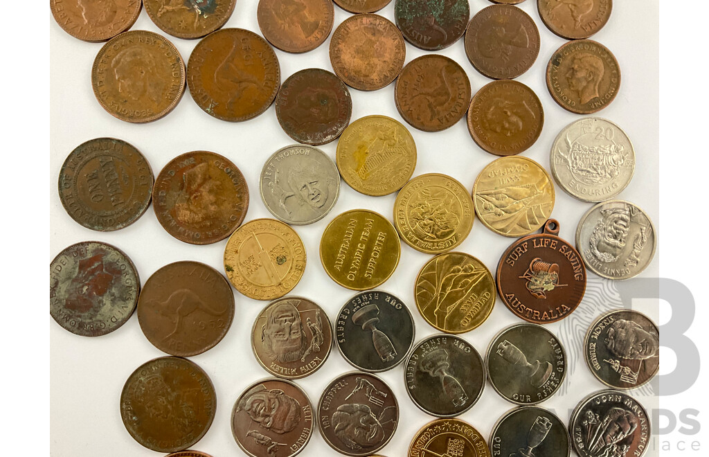 Collection of Australian KGV/KGVI/QE2 Pennies and Half Pennies with Tokens and Medallions, Our Ashes Greats, Various Sun Herald, Surf Life Saving