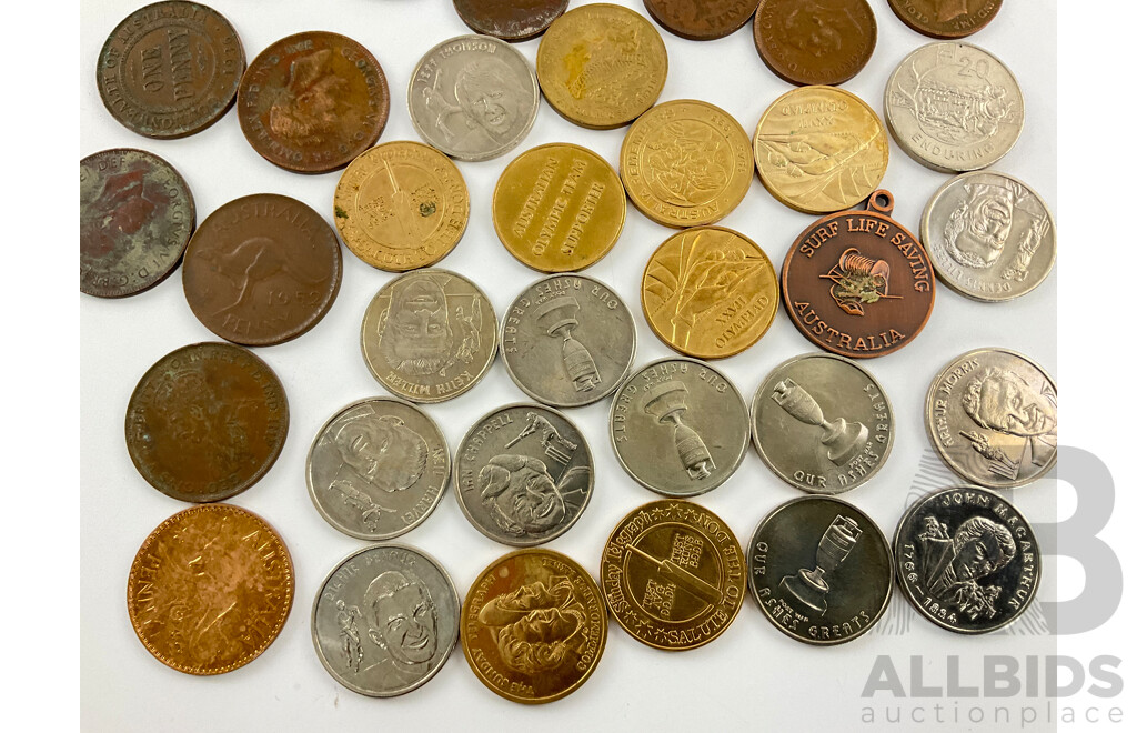 Collection of Australian KGV/KGVI/QE2 Pennies and Half Pennies with Tokens and Medallions, Our Ashes Greats, Various Sun Herald, Surf Life Saving