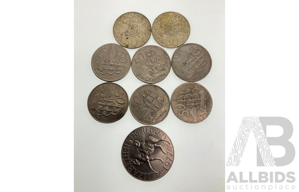 Two Australian 1966 Round Silver Fifty Cent Coins with Six New Zealand Fifty Cents and UK 1977 Twenty Five Pence