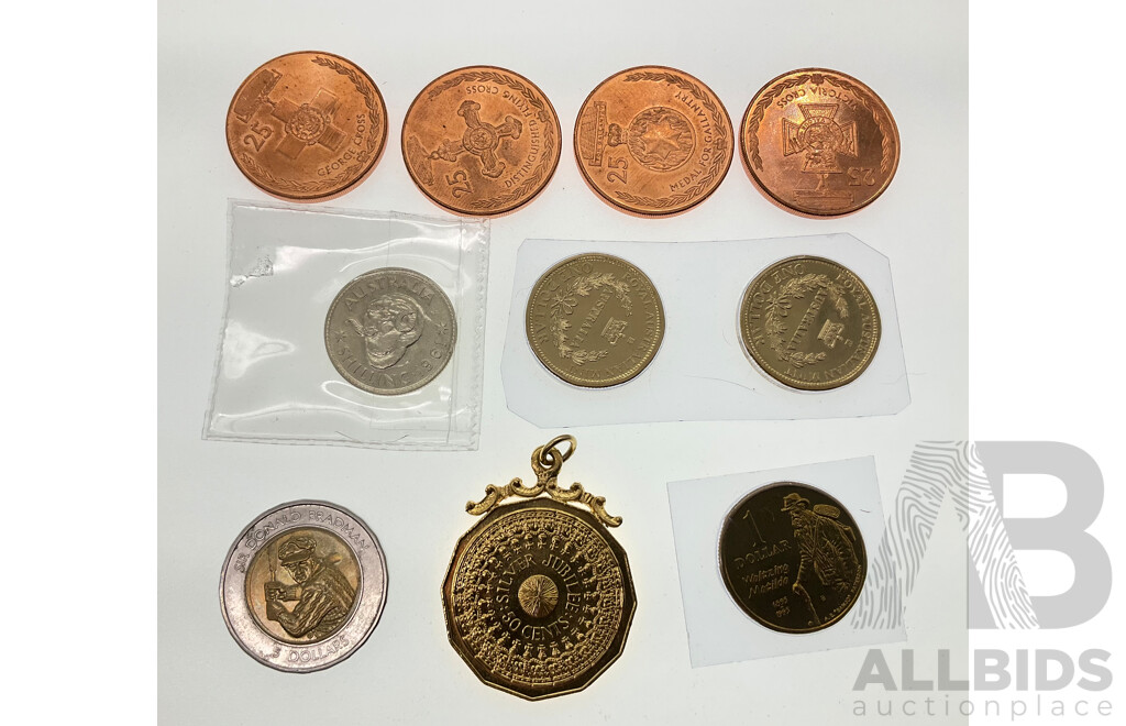 Two Australian 2016 One Dollar Coins, Royal Australian Mint, 1995 Waltzing Matilda, 1995 Five Dollar Coin, Bradman, 1961 Silver Shilling, Silver Jubilee Fifty Cent Pendant, Four 2017 ANZAC Twenty Five Cent Coins