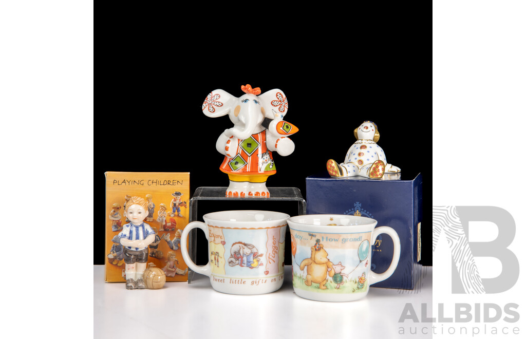Collection Children's Themed Pieces Comprising Two Royal Doulton Winnie the Pooh Mugs, V & B Elephant, Royal Copenhagen Figure in Box & Royal Crown Derby Figure in Box