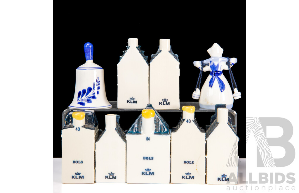 Collection Seven KLM Delft Miniature Cottage Bottles Along with Two Delft Bells