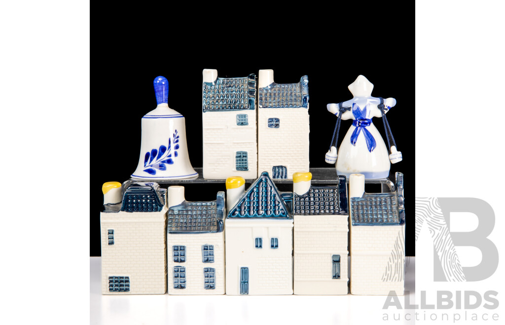 Collection Seven KLM Delft Miniature Cottage Bottles Along with Two Delft Bells