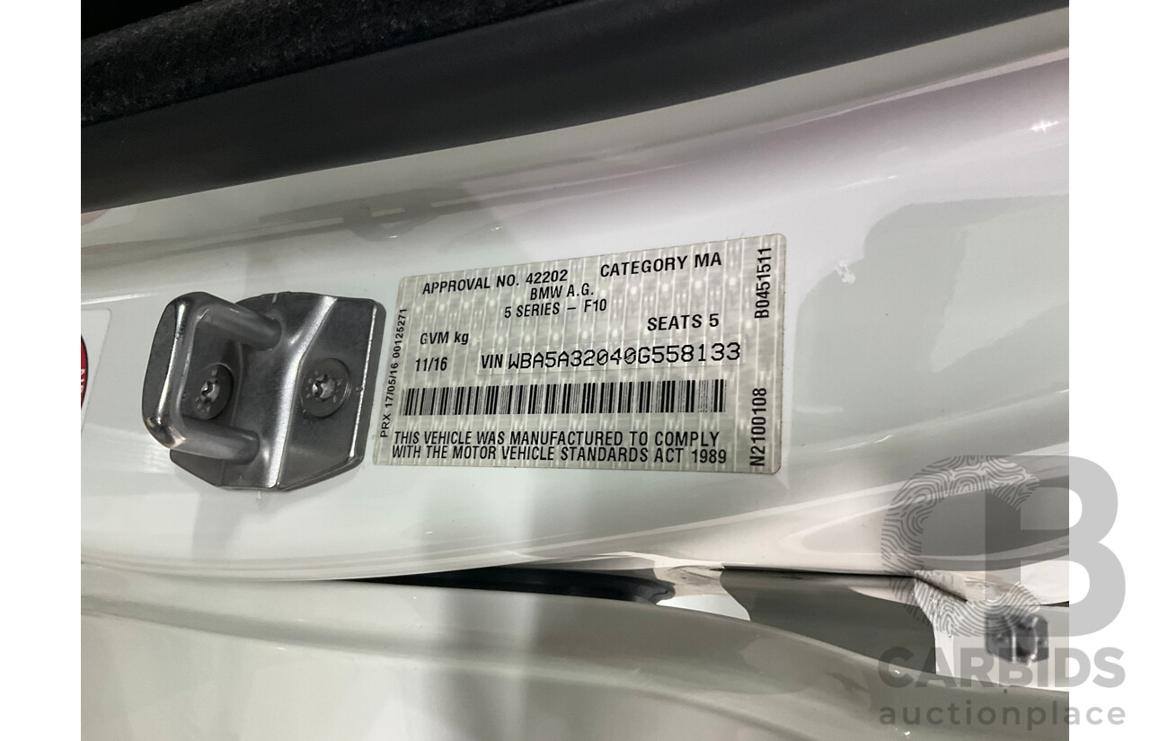 11/2016 BMW 520i M Sport (RWD) F10 MY17 4d Sedan Alpine White Turbo 2.0L