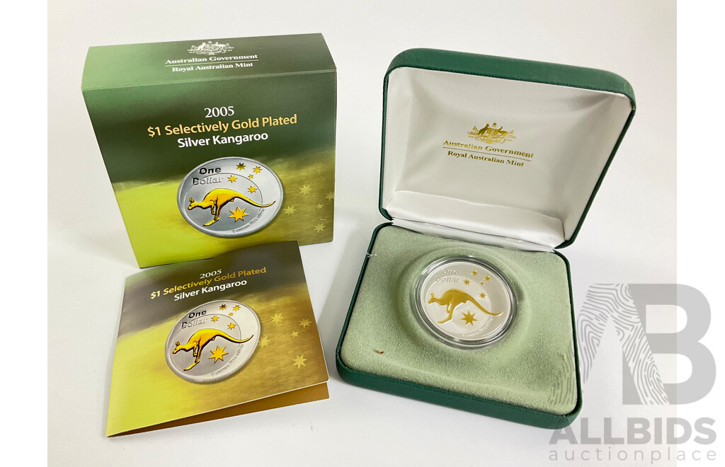 Australian RAM 2005 Selectively Gold Plated Silver One Dollar Coin, Silver Kangaroo .999