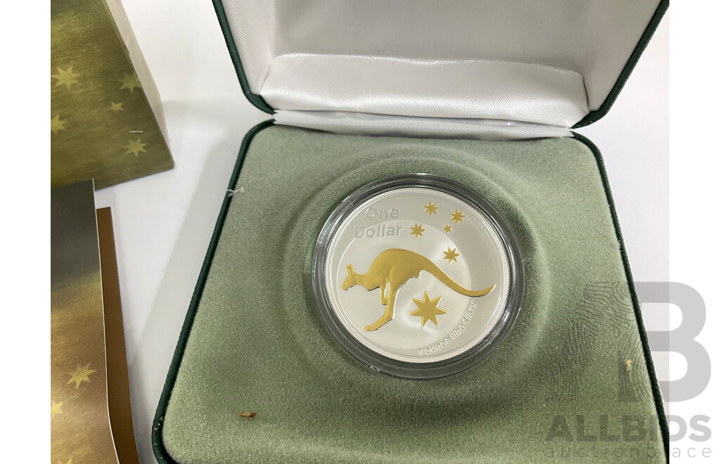 Australian RAM 2005 Selectively Gold Plated Silver One Dollar Coin, Silver Kangaroo .999