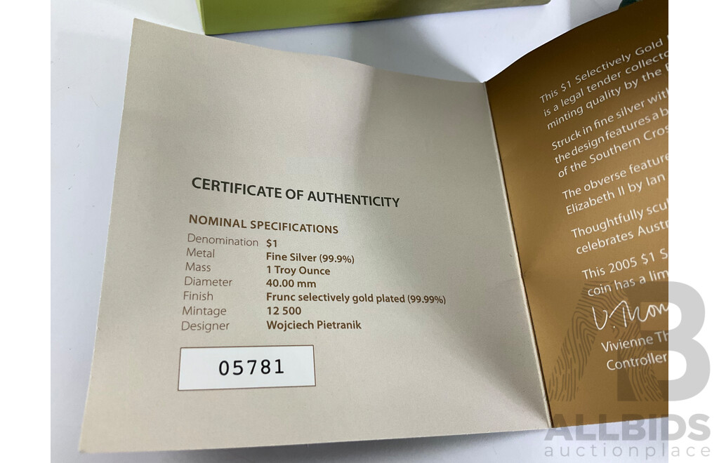 Australian RAM 2005 Selectively Gold Plated Silver One Dollar Coin, Silver Kangaroo .999