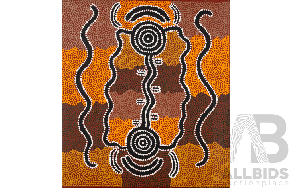 Dinny Nolan Tjampitjinpa, (20th Century, Indigenous-Australian, 1944-), Rain Dreaming (2002), Acrylic on Linen, 61 x 55 cm (stretched to frame)
