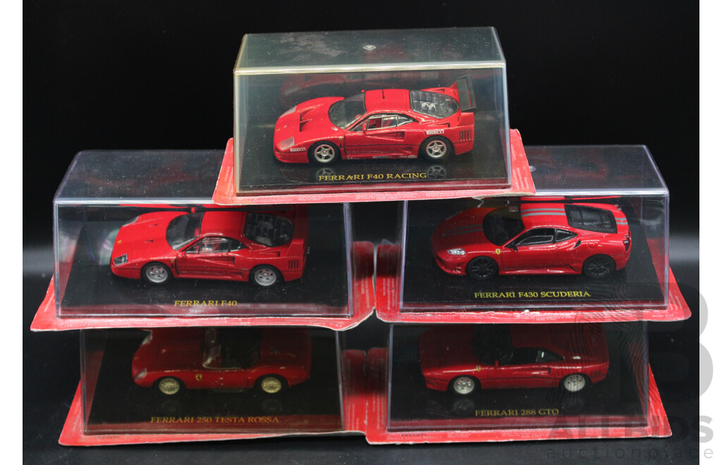 Five Diecast Ferraris Including - F40 Racing, F40, F430 Scuderia, 250 Testa Rossa, 288 GTO - 1:43 Scale