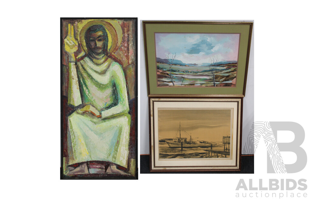 Three T. Csabonyi Art Work - Oil on Board Saint with Halo, Framed Landscape Gouche on Board and Framed the Fishing Boat Ink on Paper