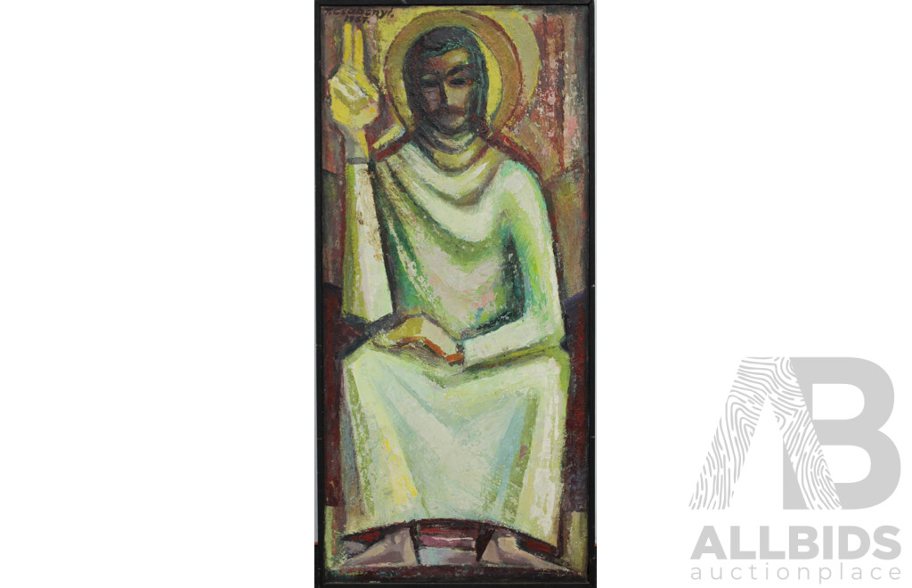 Three T. Csabonyi Art Work - Oil on Board Saint with Halo, Framed Landscape Gouche on Board and Framed the Fishing Boat Ink on Paper