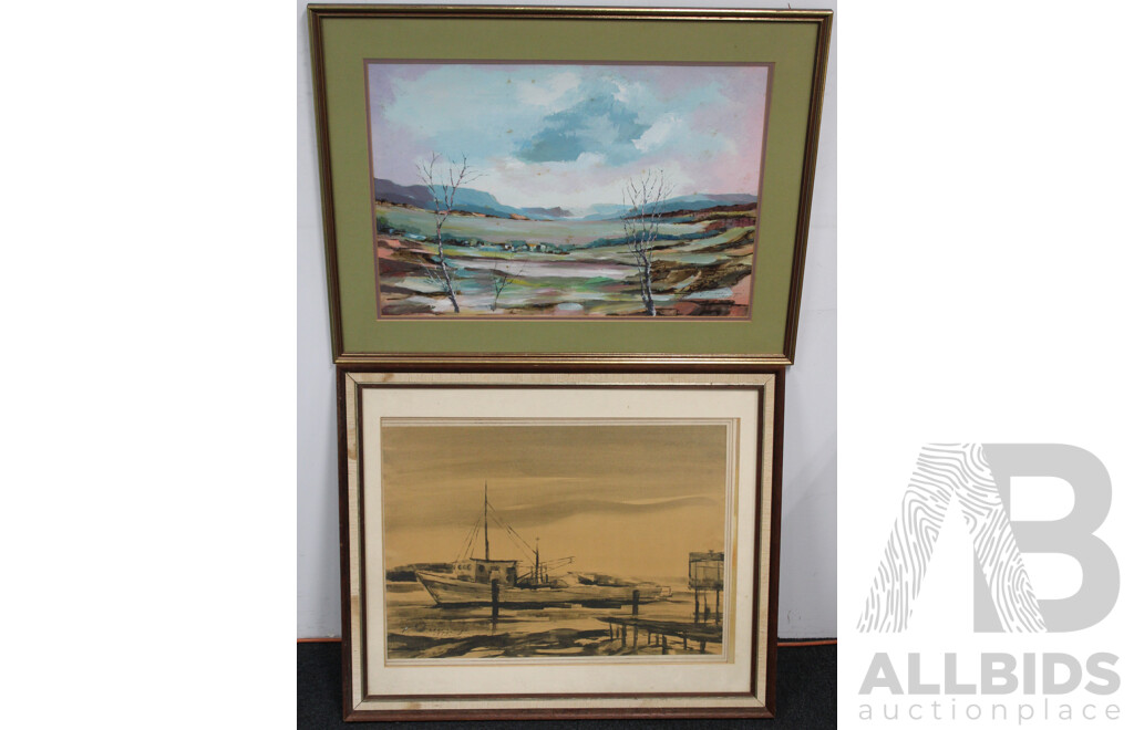 Three T. Csabonyi Art Work - Oil on Board Saint with Halo, Framed Landscape Gouche on Board and Framed the Fishing Boat Ink on Paper