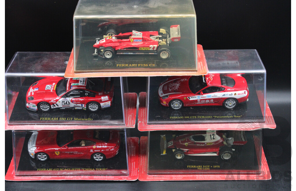 Five Diecast Ferraris Including 312T-1975, 612 Scaglietti ''China Tour'', 550 GT Maranello,  F126 C2, 599 GTB FIORANO ''Panamerican Tour''   - 1:43 Scale