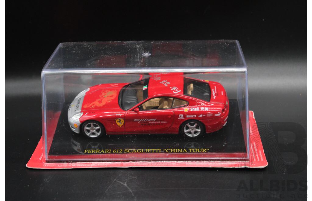 Five Diecast Ferraris Including 312T-1975, 612 Scaglietti ''China Tour'', 550 GT Maranello,  F126 C2, 599 GTB FIORANO ''Panamerican Tour''   - 1:43 Scale