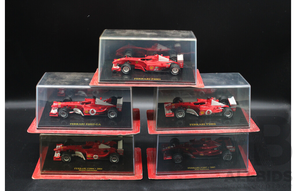 Five Diecast Ferraris Including - F2007 Kimi Raikkonen, F2004 Michael Schumacher,  F2001, F2003-GA, F2002 1:43 Scale