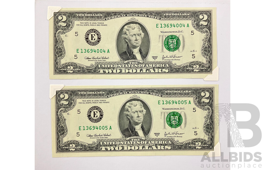 Two USA 2003 Two Dollar Notes, Consecutive E13694004A - E13694005A