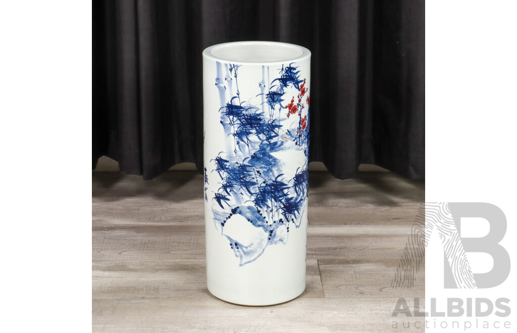 Hand Painted Chinese Porcelain Umbrella Stand with Bamboo & Cherry Blossom Motif, Contemporary
