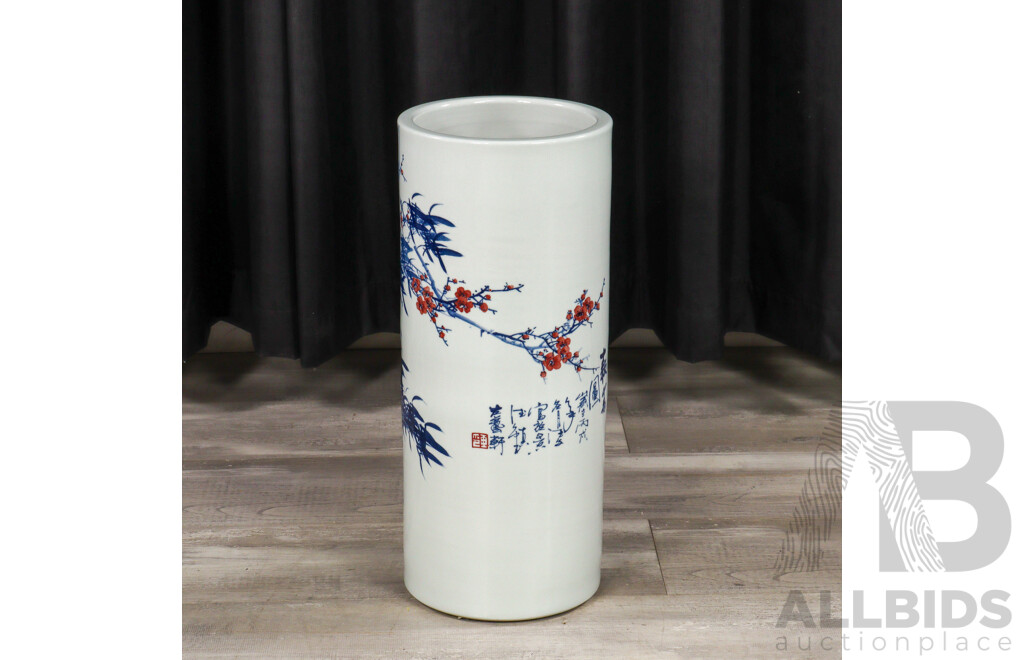 Hand Painted Chinese Porcelain Umbrella Stand with Bamboo & Cherry Blossom Motif, Contemporary