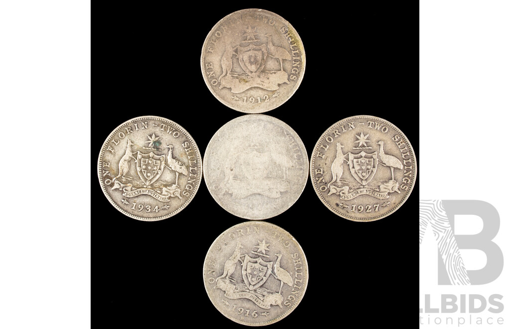 Five Australian Silver KGV Florins Including 1910, 1912, 1916M, 1927, 1934  .925