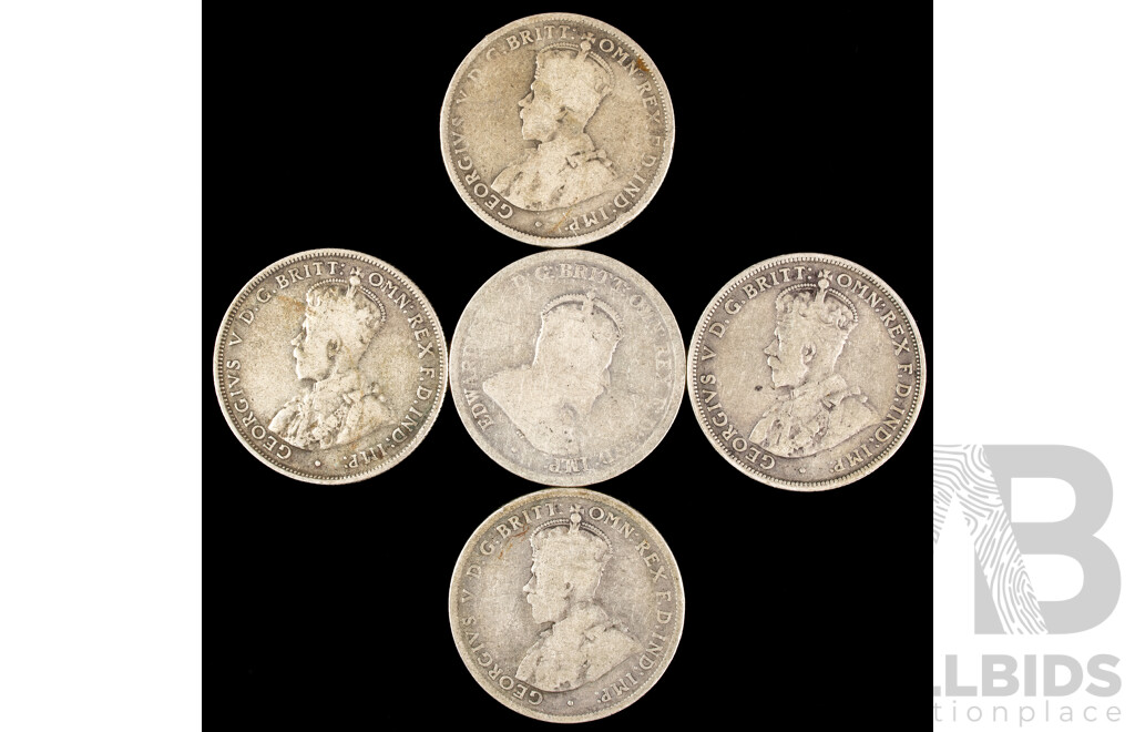 Five Australian Silver KGV Florins Including 1910, 1912, 1916M, 1927, 1934  .925