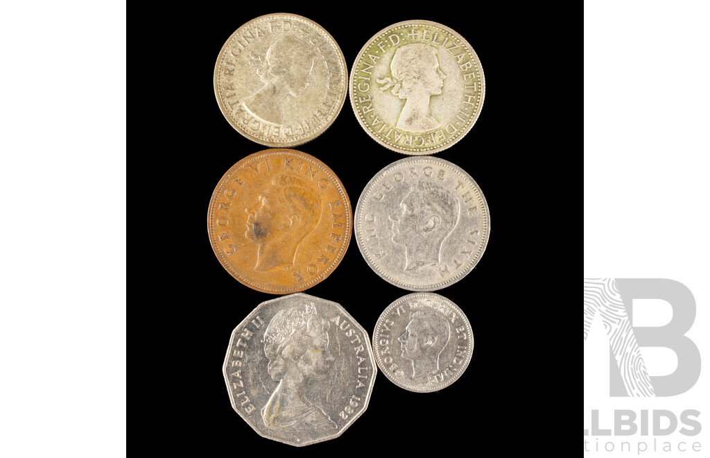 Two Australian Silver QE2 Florins, 1954 Commemorative, 1982 Fifty Cent, Canada 1939 Five Cents, New Zealand 1951 Florin and 1943 Penny