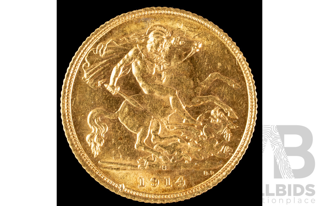 Australian 1914 KGV Gold Half Sovereign, Sydney Mint .916