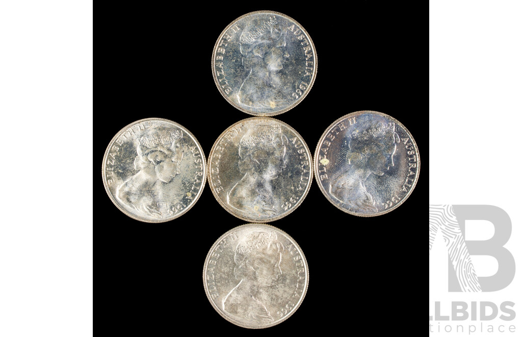Five Australian 1966 Round Silver Fifty Cent Coins .800
