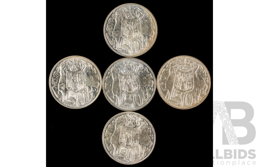 Five Australian 1966 Round Silver Fifty Cent Coins .800