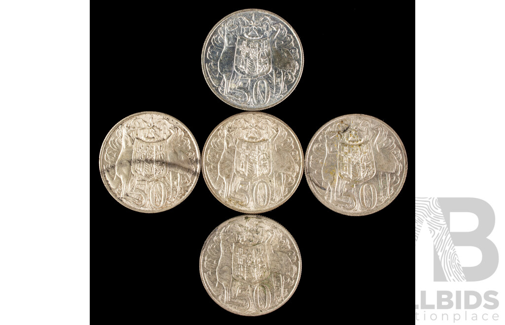 Five Australian 1966 Round Silver Fifty Cent Coins .800