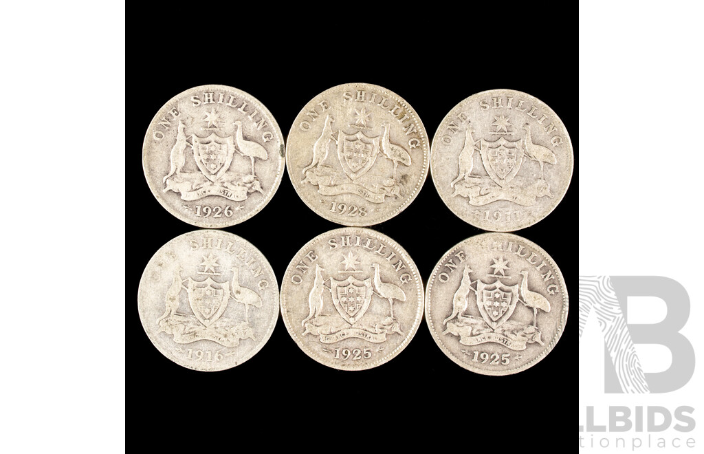 Six Australian KGV Shillings Including 1911, 1916, 1925(2)1926, 1928 .925