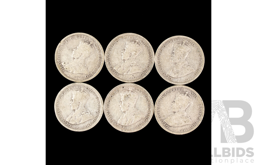 Six Australian KGV Shillings Including 1911, 1916, 1925(2)1926, 1928 .925