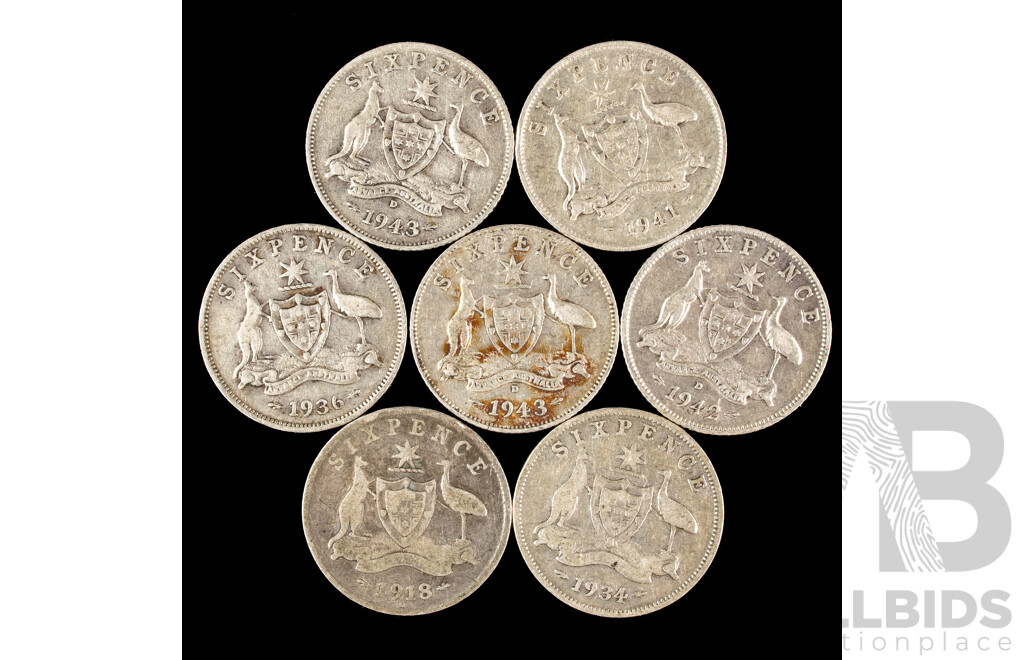 Seven Australian Silver Sixpence Including 1918M, 1934, 1936, 1943D(2) 1941, 1942D .925
