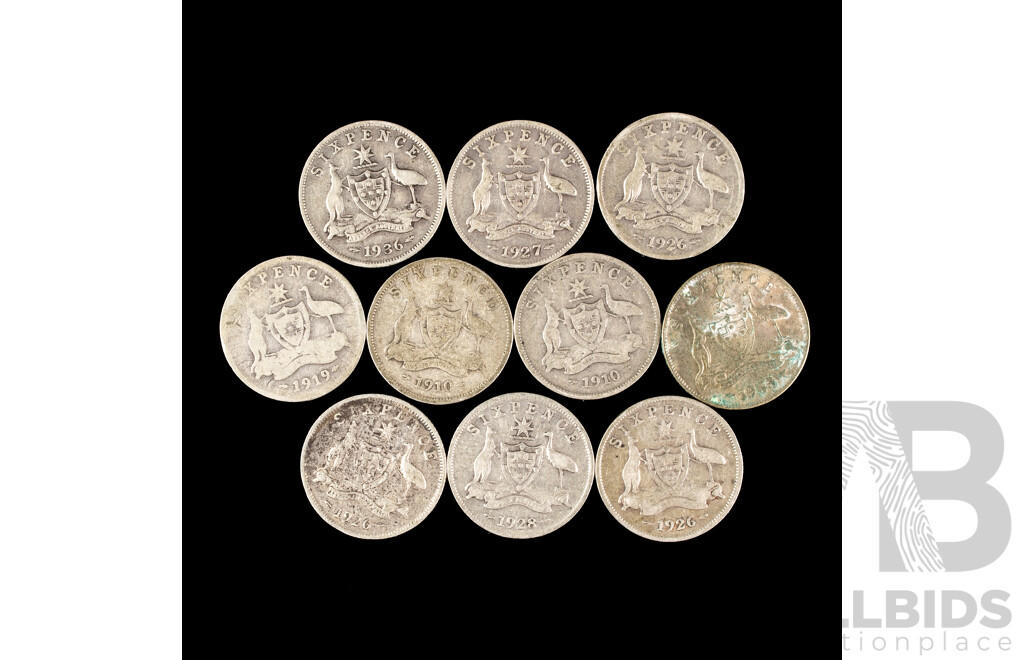 Ten Australian Silver Sixpence Including 1910(2) 1919, 1926(3) 1927, 1928, 1936, 1963