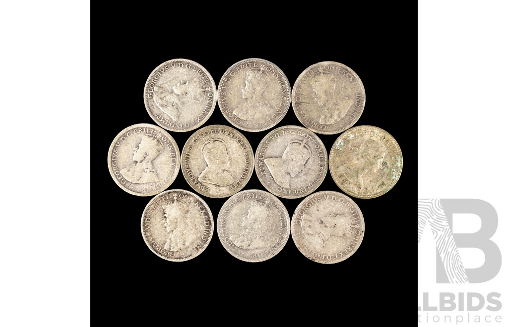 Ten Australian Silver Sixpence Including 1910(2) 1919, 1926(3) 1927, 1928, 1936, 1963