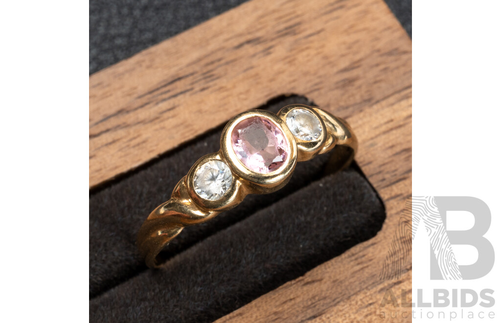 9ct Pink & White Cubic Zirconia Trilogy Ring, Size M, 1.42 Grams