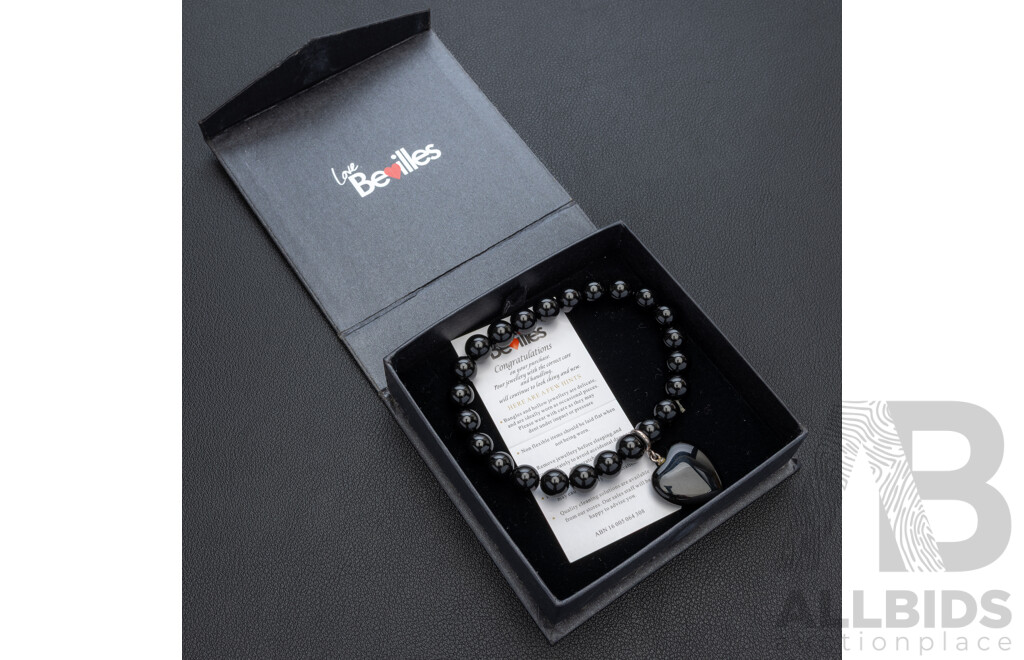 Bevilles 8mm Onyx Beaded Bracelet with Onyx Heart Charm, as New in Original Presentation Box